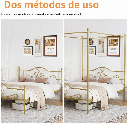 Vista 5 de Weehom - Base de cama con dosel tamaño queen con cabecera y estribo, base de colchón de plataforma metálica con cuatro postes, almacenamiento debajo