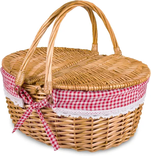 Vista 8 de Cesta de picnic de mimbre con tapa y asa, cuerpo tejido resistente con forro lavable, flores pequeñas