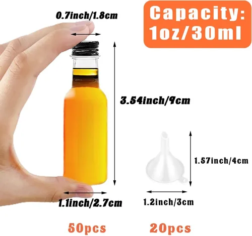 Vista 3 de Paquete de 50 mini botellas de licor de 1 onza vacías con 20 embudos