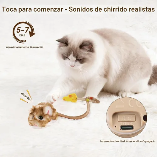 Vista 4 de Migipaws MigiMouse - Juguete interactivo para gatos de 360° con cola de plástico de malla para gatos de interior, sensor de movimiento inteligente