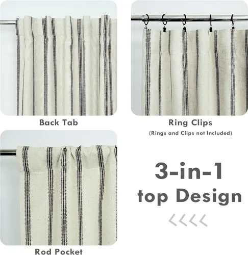 Vista 6 de DriftAway, cortinas de mezcla de lino estilo granja 100% opacas de 63 pulgadas de largo para dormitorio, cortinas de lino con rayas verticales