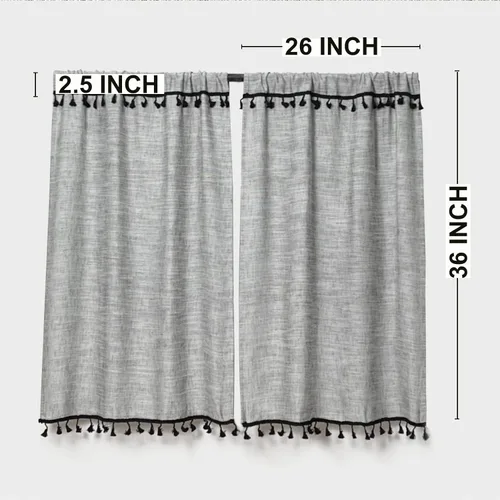 Vista 6 de Cortinas de cocina con borlas boho de 36 pulgadas de largo, modernas, de granja, de algodón y lino, cortinas cortas de cafetería para baño, ventana