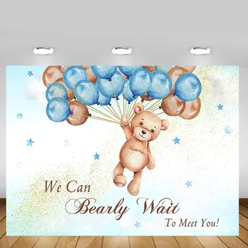 Vista 4 de MEHOFOND Telón de fondo de baby shower con texto en inglés "We Can Bearly Wait to Meet You" de 7 x 5 pies, globos azules y marrones, purpurina
