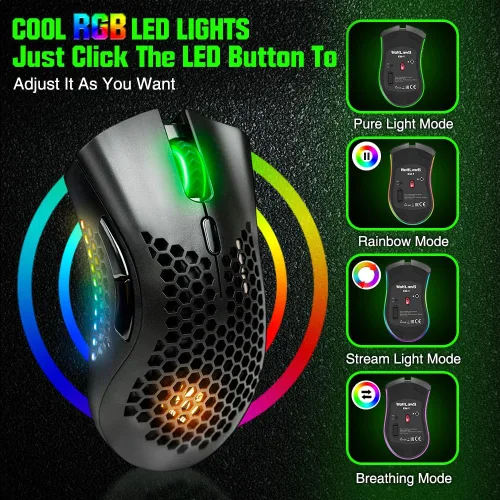 Vista 5 de KM-1 Ratón Gaming, Ratón Inalámbrico Gaming Ratones de Computadora USB con Carcasa de Panal, 6 Botones Programables, 3 DPI Ajustables, Ratón Óptico