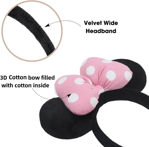 Vista 2 de JIAHANG Diadema con orejas de ratón, diadema de terciopelo con lazo de algodón 3D, disfraz para mujeres y niñas (algodón 3D rosa)