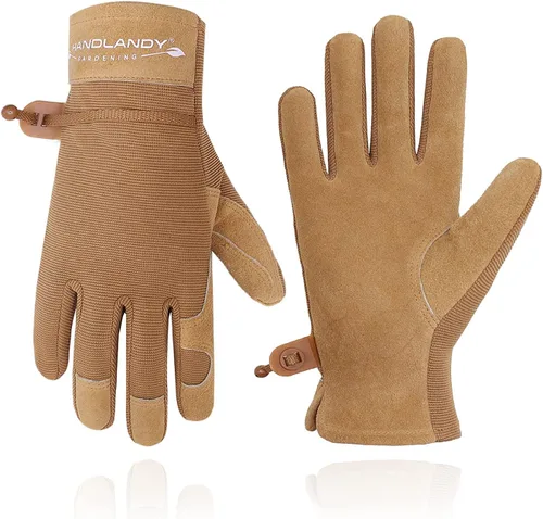 Vista 5 de HANDLANDY Paquete - 2 pares: guantes largos de jardinería para poda de rosas, guantes de trabajo de patio resistentes para mujer, color beige