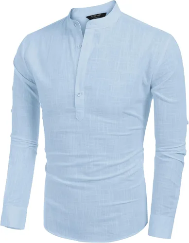 Vista 7 de COOFANDY - Camisa de lino y algodón con cuello Henley, de manga larga, estilo hippie, informal, camisetas de playa