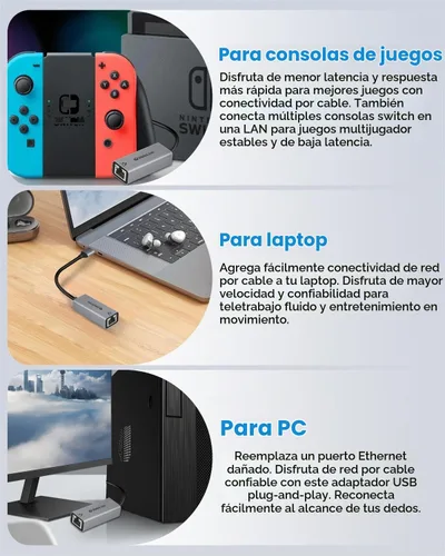 Vista 6 de Adaptador USB a Ethernet, Ethernet a USB, USB a RJ45 para Nintendo Switch 2, adaptador Gigabit Ethernet, red LAN para laptop, MacBook, Chromebook