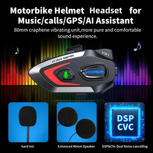 Vista 3 de VCOROS VR1 Auriculares para Casco de Motocicleta, Altavoces de Casco de Larga Duración de Batería con Respuesta Automática/Doble Cancelación