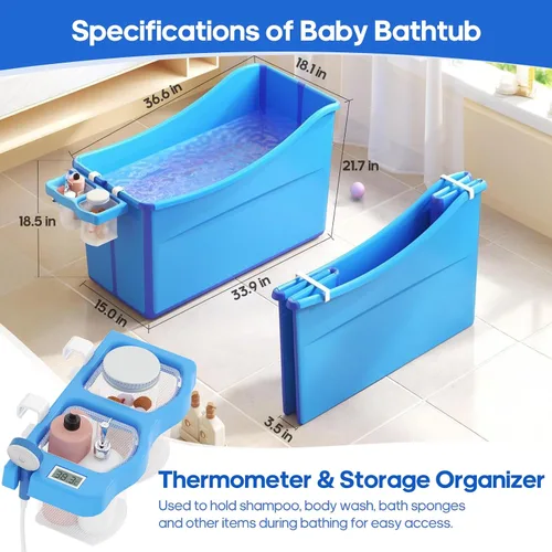 Vista 2 de Bañera plegable para bebé, bañera plegable para niños pequeños, bañera portátil grande plegable para niños pequeños pequeña con termómetro y cesta