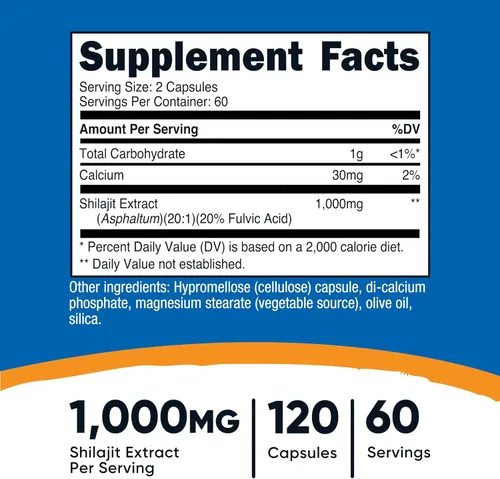 Vista 2 de Nutricost - Cápsulas de Shilajit (1,000 mg por porción) (120 cápsulas) - Extracto de Shilajit con ácido fúlvico natural, 60 porciones, suplemento