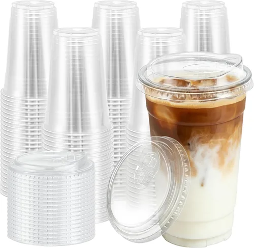 Vista 12 de BYSNOW Paquete de 100 vasos de plástico transparente de 16 onzas con tapas, tazas desechables para café helado con tapas para sorber, vasos