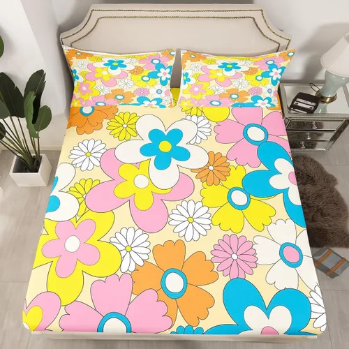 Vista 35 de Juego de ropa de cama con diseño floral bohemio, tamaño individual, diseño retro de flores groovy, 60S y 70S, diseño de flores hippie para niños