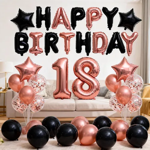 Vista 8 de Decoraciones de cumpleaños número 17 para niñas, pancarta de cumpleaños número 17 color negro y rosa dorado con estrella número 17, globos