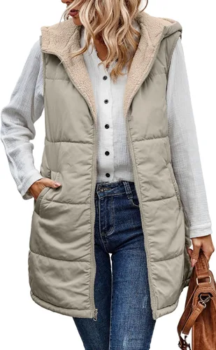 Vista 8 de ECOWISH Chaleco largo acolchado para mujer: chaqueta de forro polar reversible con cremallera para otoño 2025, abrigo de invierno cálido sin mangas