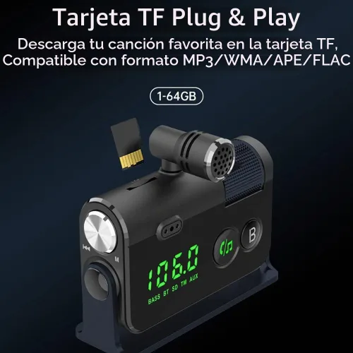 Vista 5 de Transmisor Bluetooth Fm, 2 micrófonos y QC3.0 + Tipo-C PD 18W HiFi Bass, adaptador Bluetooth para automóvil compatible con llamadas manos libres Azul