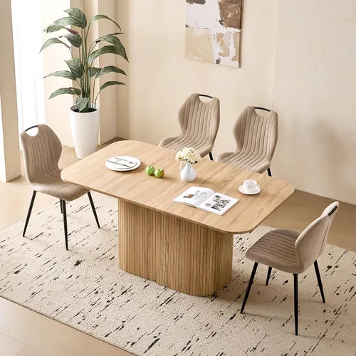 Vista 11 de Juego de 4 mesas de comedor grandes de 63 pulgadas para 4, esquinas redondeadas, mesa de cocina rectangular moderna de madera con sillas Boucle