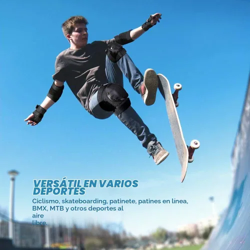 Vista 2 de JBM Rodilleras para adultos y niños, coderas y muñequeras para patinaje en línea, patinaje, patinaje Negro