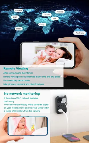 Vista 4 de Cámara con cargador USB, cámara pequeña WiFi, mini cámara inalámbrica nanny Full HD 2K, gran angular de 120° para seguridad interior discreta