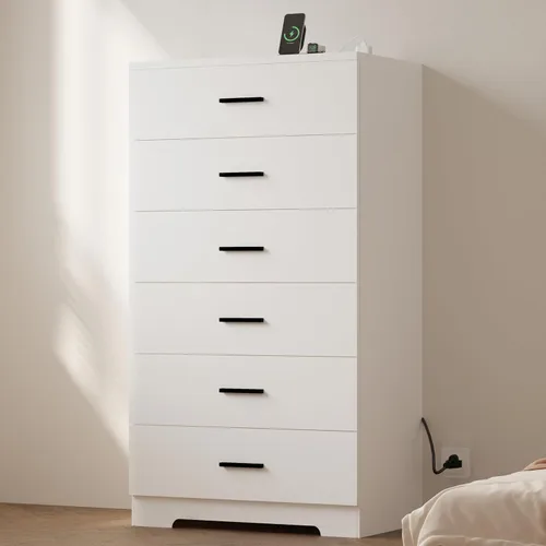 Vista 10 de Cómoda de 48" de alto para dormitorio, cómoda de madera con 6 cajones con tomas de corriente, cómoda con gran espacio de almacenamiento y asas