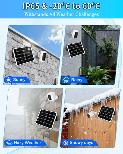 Vista 2 de Panel solar de 8 W para cámara de seguridad, cargador de panel solar con puertos USB-C/Micro/DC de 5 V de 0.138 in, cable de 9.8 pies y montaje
