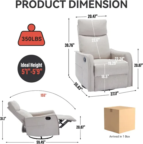 Vista 3 de PELUMY Silla Reclinable Mecedora Giratoria 360 para Adultos, Silla Mecedora de Guardería con Calor y Masaje, Silla Reclinable Deslizante para Beige
