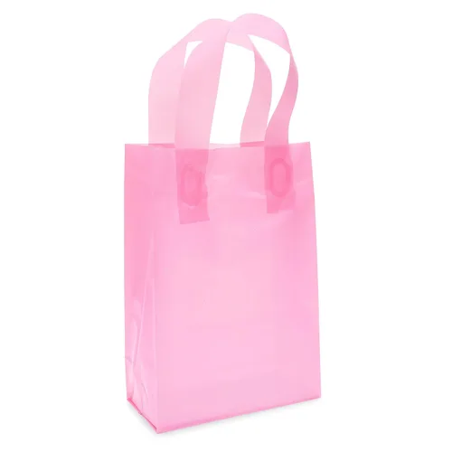 Vista 7 de Prime Line Packaging Bolsas de regalo rosadas, bolsas de tote de plástico esmerilado con asas para pequeñas empresas, golosinas, compras, cumpleaños