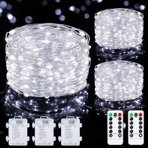 Vista 12 de Mlambert Paquete de 3 luces de hadas de 33 pies, funciona con pilas con control remoto y temporizador, impermeable, regulable, 8 modos, 100 luces