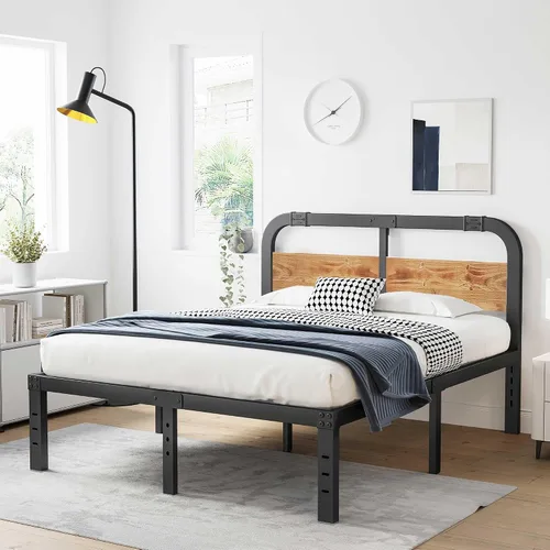 Vista 4 de Base de cama de metal de tamaño matrimonial con cabecera de madera maciza, plataforma de cama de estilo rústico, soporte de listones de acero