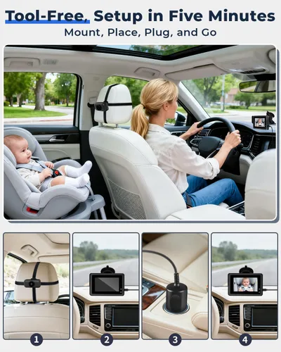 Vista 3 de Cámara inalámbrica de coche para bebé, batería de 10000 mAh, pantalla de 4.3 pulgadas y monitor de bebé de coche HD 1080P