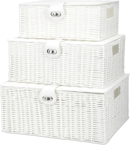 Vista 11 de Honygebia - Canastas de almacenamiento de mimbre negro - Juego de 3 cajas decorativas anidadas con tapas, canasta tejida con cerradura y asa