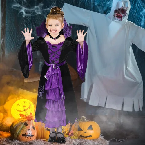 Vista 7 de ThinkMax Disfraz de bruja de cuento de hadas de Halloween para niñas vestido de bruja de Halloween negromorado