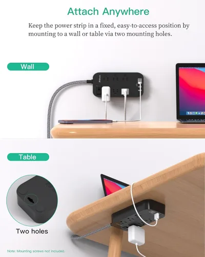 Vista 5 de Regleta de alimentación - Cable de extensión de enchufe plano de 10 pies de largo, 6 tomas, 4 puertos USB (2 USB C), extensor de toma, montaje