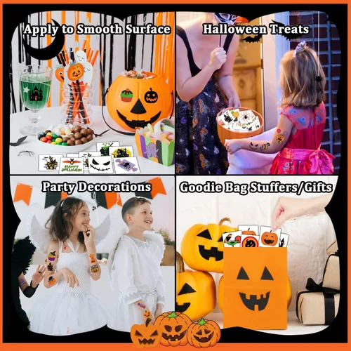 Vista 5 de Partywind 204 hojas envueltas individualmente, tatuajes de Halloween para suministros de fiesta de niños, decoraciones de fantasma de calabaza
