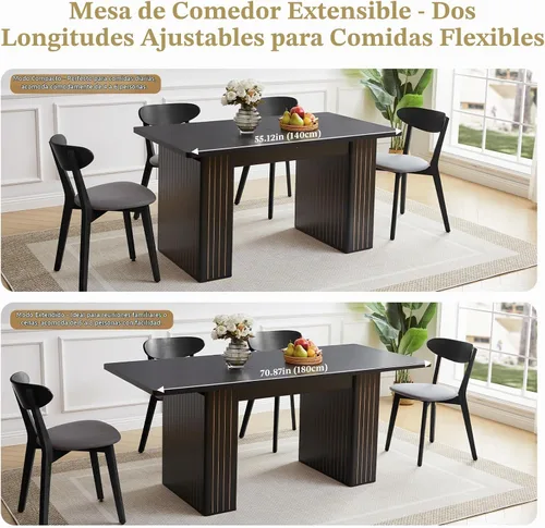 Vista 5 de Mesa de comedor extensible rectangular de 55 pulgadas–71 pulgadas para 4–6 personas, mesa de cocina expandible de estilo rústico moderno con base