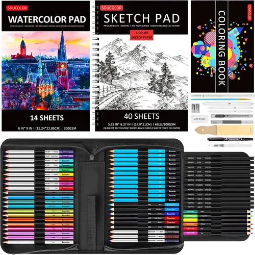 Vista 8 de Soucolor Paquete de 73 suministros de arte para adultos, regalos de artistas, suministros escolares, lápices de dibujo con cuaderno de bocetos