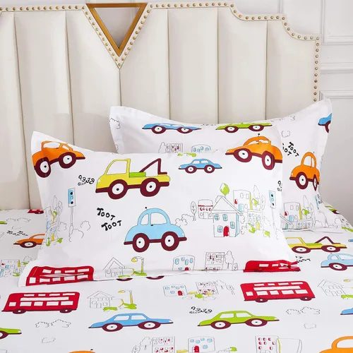 Vista 6 de Brandream Juego de sábanas de algodón de 4 piezas para niños, tamaño Queen, diseño de coches y camiones