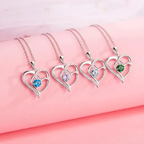 Vista 4 de Collar de piedra natal para mujer, collar de corazón de oro blanco de 18 quilates, collar de plata de ley, collares de diamantes, joyería