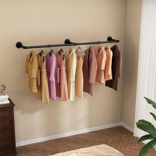 Vista 8 de Perchero de ropa montado en la pared de 60 pulgadas, estantes de ropa industriales de tubo para montar en la pared, barra de ropa desmontable