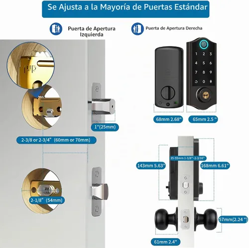 Vista 6 de Cerraduras inteligentes con huellas dactilares para puerta delantera con mango, control por aplicación, cerradura de puerta de entrada sin llave