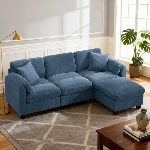 Vista 9 de Sofá modular modular con otomana, sofá de pana de 3 plazas con 2 almohadas, sofá de asiento profundo en forma de L de 88.2 pulgadas con cojín Beige