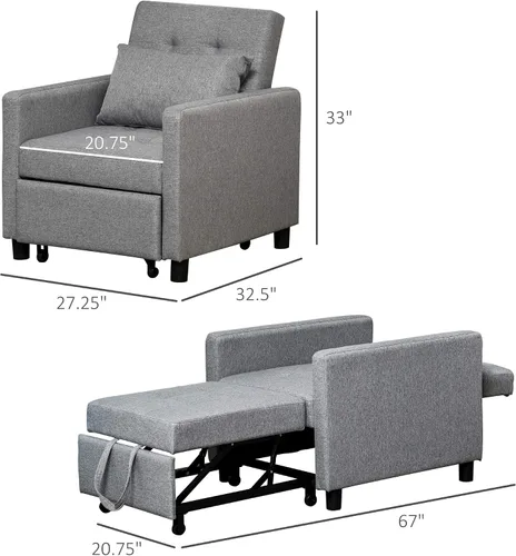 Vista 2 de HOMCOM Sofá convertible tumbona de cama multifuncional reclinable con tela tapizada copetuda, respaldo de ángulo ajustable y almohada, color gris