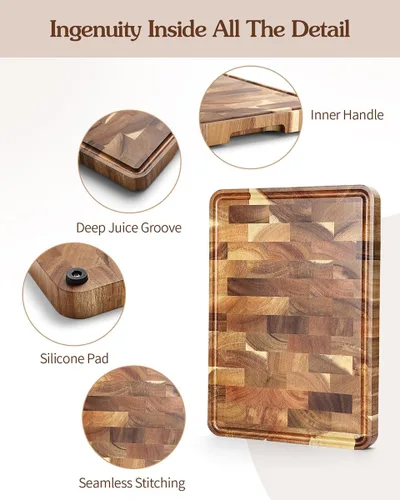 Vista 3 de XINZUO Tabla de Cortar de Madera de Acacia de Fibra Final (13.8''L x 9.8''A x 1''G) - Tabla de Cortar de Madera con Pies Antideslizantes, Asas