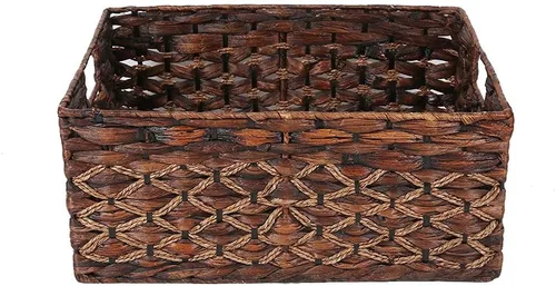 Vista 9 de Cesta rectangular tejida de jacinto de agua, cesta de almacenamiento oscura con asas interiores, estantes de cocina, escritorio de oficina