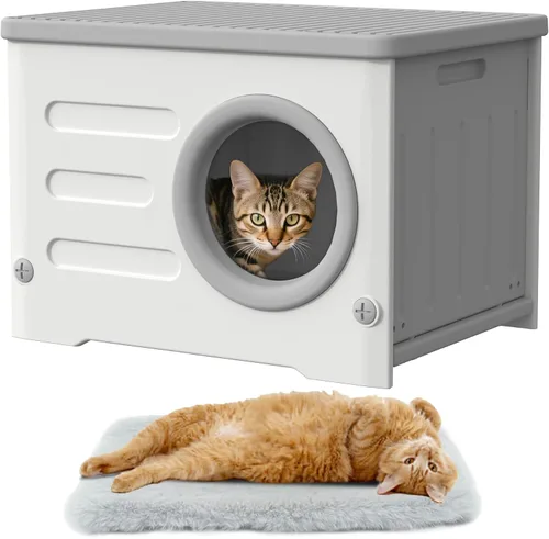 Vista 11 de Casa para gatos al aire libre, resistente a la intemperie, refugio para gatos con puerta de escape y solapa de puerta de PET, apilable elevado