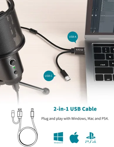 Vista 4 de FIFINE Micrófono USB de computadora de escritorio con filtro pop para computadora y Mac, micrófono de condensador de estudio con perilla