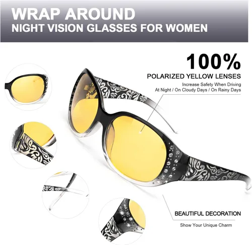 Vista 3 de LVIOE Gafas de conducción de visión nocturna envolventes antirreflejos con lente amarilla polarizada para mujer
