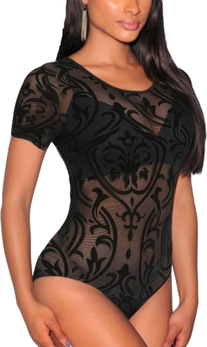 Vista 12 de Lrady Women's Short Sleeve Bodysuit Mesh Sheer Going Out Tops K#1 Negro