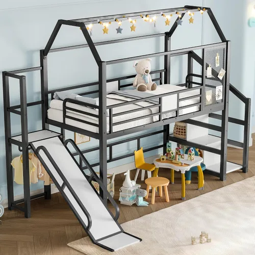 Vista 4 de Bellemave Cama Loft de Metal Tipo Casa Tamaño Twin con Tobogán y Escaleras, Marco de Cama Loft Casa de Juegos de Servicio Pesado con Estantes