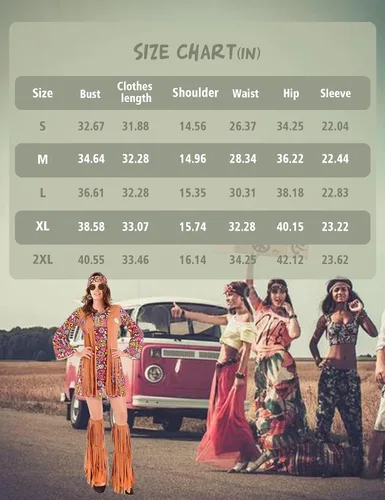 Vista 7 de Ainiel Trajes de discoteca de los años 60 y 70 para mujer, disfraz hippie, chaleco con flecos, ropa para mujer, gafas hippy, accesorios